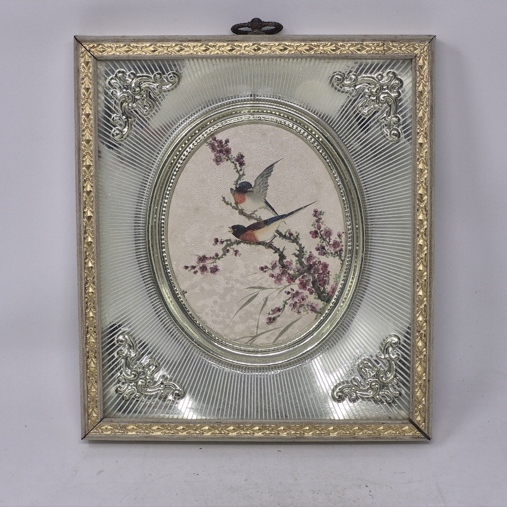 Metal Shawdow Box Style Framed Bird On Cherry Blossom Print